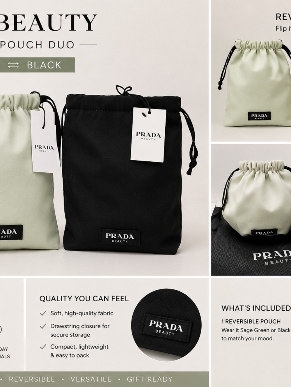 2 Prada Reversible Drawstring Pouches— Black & Sage Green